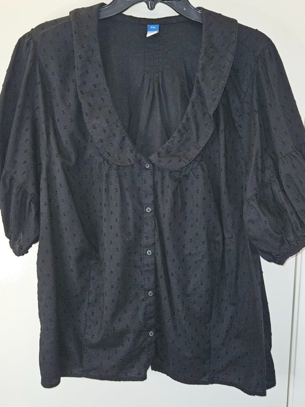 Old Navy Black Cotton Blouse with Puffy Sleeves Shawl Color and Black embroidery